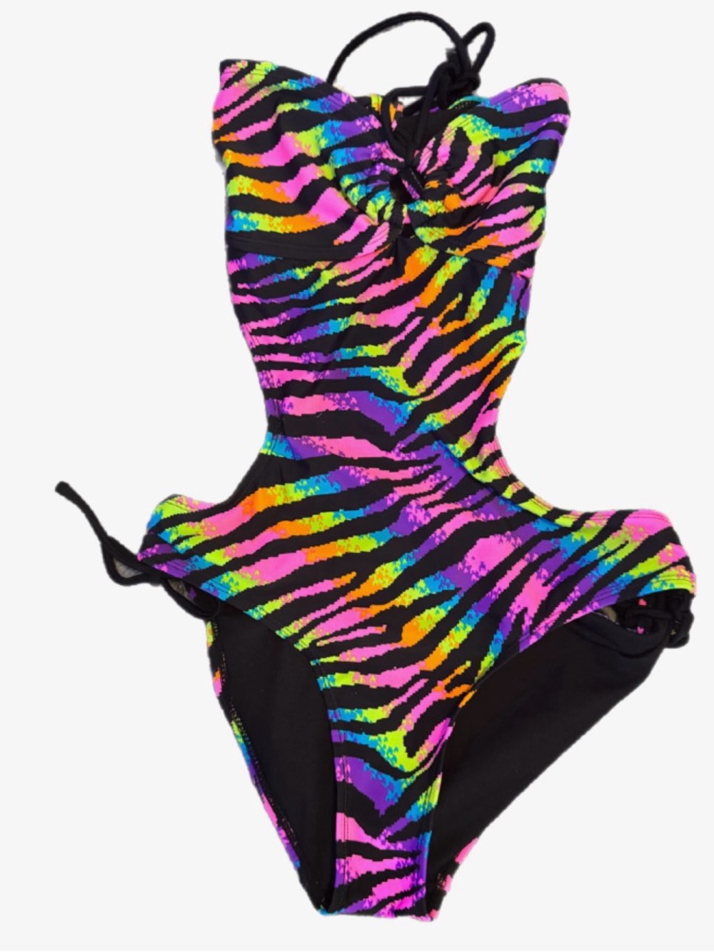 OP Black Zebra Swim One Piece with Pink and Green Print